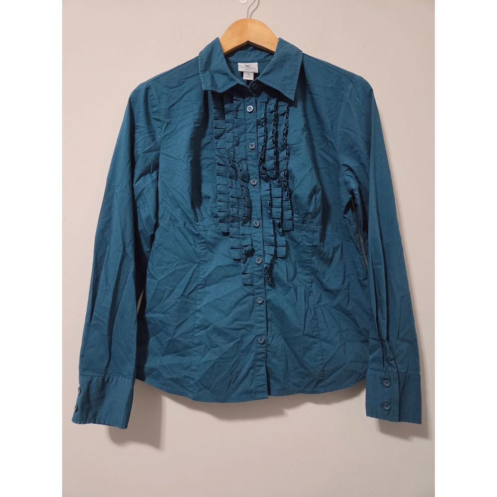 Worthington Stretch‎ Teal Blue Ruffle Front Button Down Blouse Shirt Womens Med